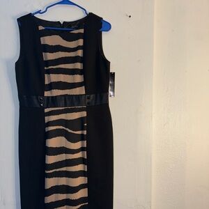 Black and Tan Sheath Midi Dress Sleeveless Scoop Neck